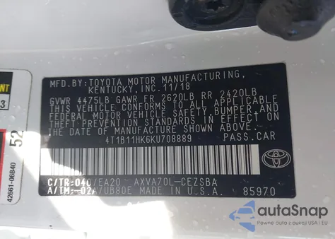 2019 Toyota Camry Se из США, поврежденный, VIN 4T1B11HK6KU708889